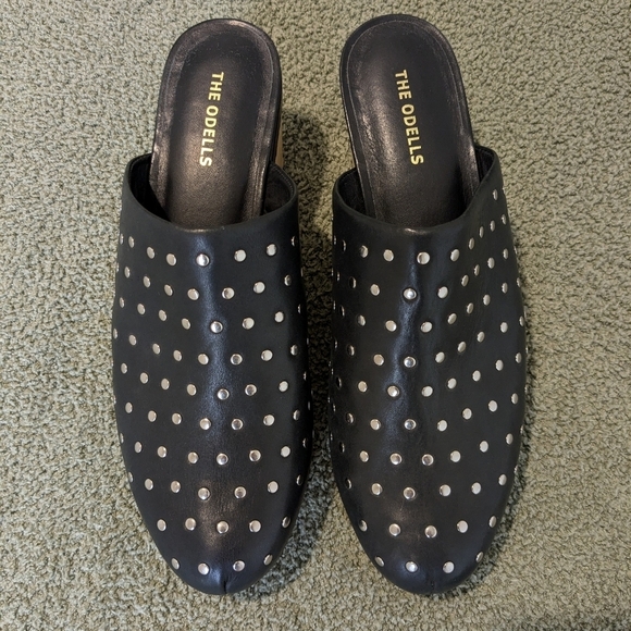 Anthropologie The Odells Black Leather Silver Studded Wooden Platform Clogs 9 - Picture 2 of 10